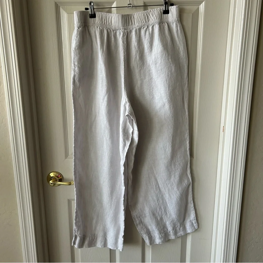 Tahari White Linen Wide Leg Elastic-Waist Pants, Women’s Large, Summer Coastal